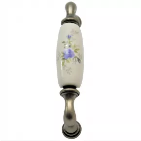 Griff mit floralem Motiv Messing altverzinnt Porzellan 110 x 22mm